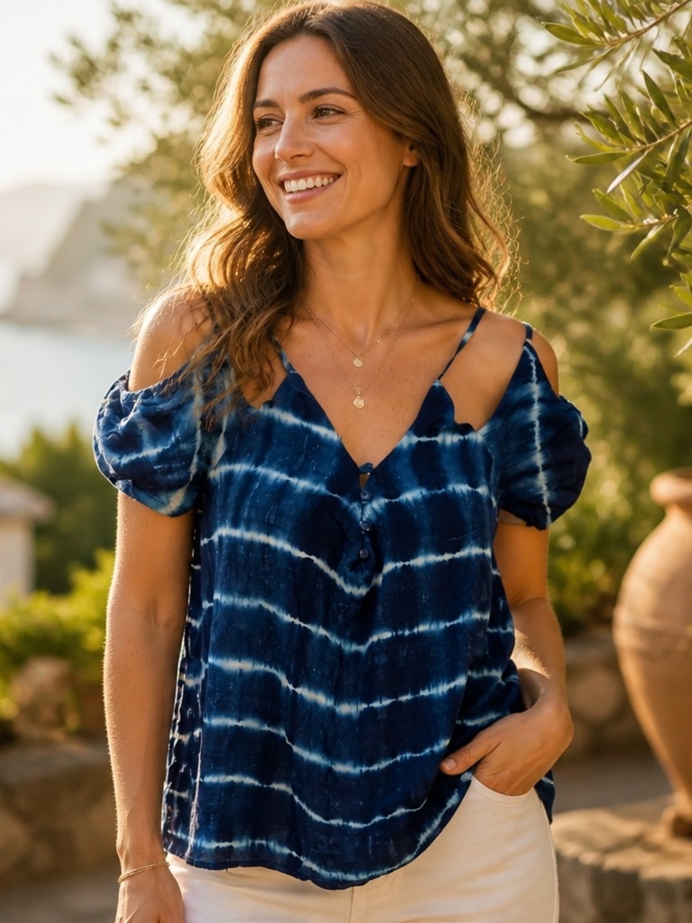 Paper Crane Navy Tie-Dye Cold-Shoulder V-Neck Camisole